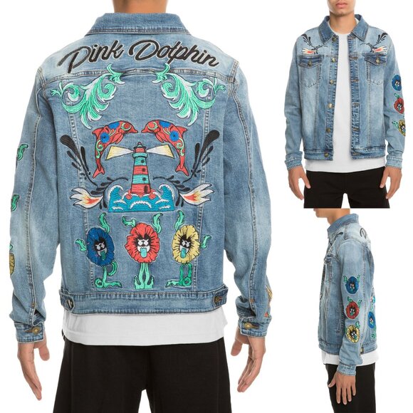 Pink Dolphin Men's XL The Floral Ghost Embroidery Denim Jacket Stonewash $120 - Picture 1 of 16